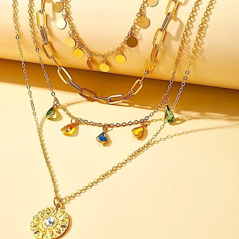 Gold Multilayer Boho Gemstone Drop Sun Paperclip Disk Necklace - Picture 3 of 6